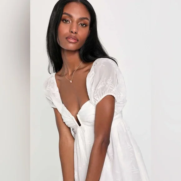 cutest icon white embroidered off the shoulder mini dress Lulus Cutest Icon White Embroidered Off-the-Shoulder Mini Dress Size Medium
